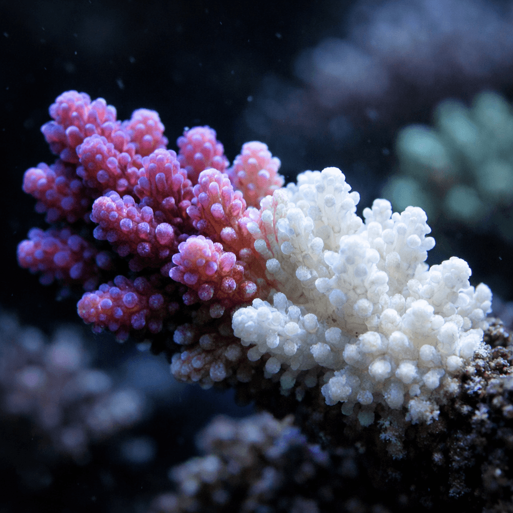 Coral Acropora parcialmente branqueado — exemplo de perda por falta de controle de parâmetros