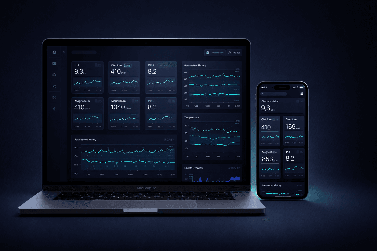 Dashboard do Reef Manager mostrando parâmetros KH, Ca, Mg e gráficos de histórico